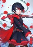  absurdres asa_(teng_zi) bad_id bad_pixiv_id black_hair blue_eyes cape flower highres multicolored_hair pantyhose petals red_hair rose rose_petals ruby_rose rwby scythe short_hair solo two-tone_hair 