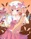  :d apple ascot bite_mark blonde_hair carrying fang flandre_scarlet food fruit halloween hat highres holding long_hair looking_at_viewer mob_cap momoirone open_mouth orange_eyes side_ponytail smile solo touhou wings wrist_cuffs 