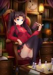  black_hair black_legwear book chess_piece fate/stay_night fate_(series) gem highres holding jewelry long_hair long_legs long_sleeves looking_at_viewer open_book panties pantyshot pendant solo table thighhighs toosaka_rin two_side_up underwear zerii_(cdcdqqq) 