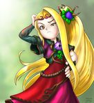  bill_stiernberg blonde_hair dress flat_chest flower frown hair_flower hair_ornament hand_on_hip hand_on_own_head kid_icarus kid_icarus_uprising long_hair nachure ponytail side_ponytail signature solo very_long_hair yellow_eyes 