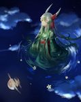  closed_eyes cloud ex-keine expressionless flower from_above full_body full_moon ginryuu green_hair hair_flower hair_ornament highres horn_ribbon horns japanese_clothes kamishirasawa_keine kimono long_hair looking_up moon multicolored_hair night night_sky obi petals reflection ribbon ripples sash sky sleeves_past_wrists solo star_(sky) starry_sky streaked_hair touhou very_long_hair wading water white_hair wide_sleeves 