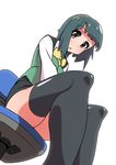  black_legwear brown_eyes chair green_hair idolmaster idolmaster_(classic) looking_at_viewer looking_down natsumi_hajime office_chair otonashi_kotori parted_lips short_hair simple_background skirt solo thighhighs white_background 