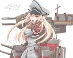  2014 alternate_eye_color bismarck_(kantai_collection) blonde_hair blush breasts dated elbow_gloves gloves green_eyes hat kantai_collection long_hair machinery md5_mismatch medium_breasts military military_uniform open_mouth outstretched_arm peaked_cap pureji_oshou sideboob simple_background solo turret twitter_username uniform white_background 