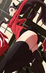  black_hair black_legwear breasts fate/stay_night fate_(series) green_eyes highres long_hair looking_at_viewer looking_down medium_breasts midair natsumi_hajime skirt solo thighhighs thighs toosaka_rin two_side_up 