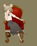  animal_ears blush brown_eyes chair chin_rest flat_chest full_body grey_background grey_hair looking_at_viewer morishige mouse_ears mouse_tail nazrin short_hair sitting skirt smile solo tail throne touhou 