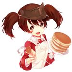  apron blush_stickers brown_eyes brown_hair fang feeding food fork hat kantai_collection looking_at_viewer open_mouth pancake plate pov_feeding raixx21 ryuujou_(kantai_collection) solo twintails white_background 