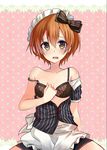  apron bare_shoulders black_bra bra collarbone fang highres hoshizora_rin looking_at_viewer love_live! love_live!_school_idol_project maid maid_headdress okutomi_fumi open_clothes open_mouth open_shirt orange_hair pinstripe_pattern shirt short_hair solo strap_slip striped tears underwear waist_apron yellow_eyes 