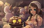  breasts brown_hair bucket carrot cleavage creature green_eyes halloween highres jack-o'-lantern large_breasts long_hair nude onsen original plue ponytail sayu_(migiu) snowman solo steam towel towel_on_head water wavy_mouth wooden_bucket 