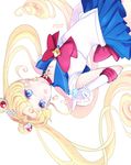 2014 back_bow bishoujo_senshi_sailor_moon bishoujo_senshi_sailor_moon_crystal blonde_hair blue_sailor_collar blue_skirt bow brooch choker crescent dated double_bun earrings elbow_gloves facial_mark forehead_mark gem gloves hair_ornament hairpin jewelry long_hair maboroshi_no_ginzuishou magical_girl pleated_skirt red_bow red_choker ribbon sailor_collar sailor_moon sailor_senshi_uniform signature skirt solo tsukino_usagi twintails upside-down white_background white_gloves yukinami_(paru26i) 
