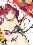  bikini breasts choker cleavage fan from_above hisho_collection japanese_clothes large_breasts long_hair looking_at_viewer mmu official_art purple_eyes red_hair smile solo strapless swimsuit thigh_gap twintails umbrella 