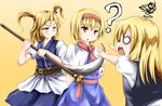  &gt;:) 3girls ? alice_margatroid alternate_hair_color bad_id bad_nicoseiga_id blonde_hair capelet cookie_(touhou) cosplay gradient gradient_background hair_bobbles hair_ornament hairband kirisame_marisa koro_(cookie) long_hair multiple_girls o_o obi onozuka_komachi onozuka_komachi_(cosplay) open_mouth red_eyes rei_(cookie) sash scythe short_hair smile touhou two_side_up uzuki_(cookie) v-shaped_eyebrows weapon yellow_background yellow_eyes 