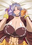  1girl absurdres bed breasts bunny cape choker cleavage dress female hair_ornament hat highres huge_breasts lying on_back plump purple_eyes purple_hair queen_madolche_tiaramisu rabbit shiny shiny_skin short_hair skirt smile solo squirrel stuffed_animal stuffed_toy yu-gi-oh! yukimaru_(gojo) yuu-gi-ou_duel_monsters 