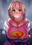  1girl aqua_eyes bare_shoulders blonde_hair blush breast_hold breasts crossed_arms gen_(black_factory) hair_ornament hammer_and_sickle highres huge_breasts large_breasts looking_at_viewer off_shoulder open_mouth original short_hair solo surprised 