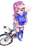  arm_up bangs bicycle bike_jersey bikini_bottom blue_legwear blunt_bangs blush crop_top from_above ground_vehicle highres hitomi_kazuya impossible_clothes impossible_shirt long_hair midriff navel one_side_up open_mouth original purple_eyes purple_hair scrunchie shiny shiny_skin shirt skin_tight smile solo thighhighs 
