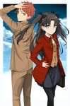  1girl black_hair black_legwear blue_eyes emiya_shirou fate/stay_night fate_(series) homurahara_academy_uniform jacket pantyhose red_hair red_jacket school_uniform tazaki_hayato toosaka_rin two_side_up 