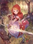  basket big_bad_wolf_(grimm) blonde_hair blue_eyes blush bobby_socks fantasy flower forest highres hood house little_red_riding_hood little_red_riding_hood_(grimm) looking_at_viewer mary_janes nature original shingoku_no_valhalla_gate shoes short_hair shouin skirt smile socks solo sword tree weapon wolf wrist_cuffs 
