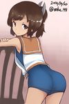  armpits ass bare_shoulders brown_eyes brown_hair cowboy_shot dark_skin dated from_behind highres i-401_(kantai_collection) kantai_collection looking_at_viewer looking_back mku pink_background ponytail sailor_collar smile solo swimsuit swimsuit_under_clothes twitter_username 