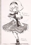  alice_margatroid belt book bow bowtie capelet dated dress full_body grimoire grimoire_of_alice holding holding_book karaagetarou monochrome paper photo short_hair short_sleeves signature sketch socks touhou traditional_media walking 