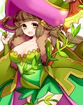  bad_id bad_pixiv_id blush braid breasts brown_hair cleavage coat dress fur_trim gloves green_dress green_gloves hair_ornament hat holding large_breasts leeza_(p&amp;d) long_hair long_sleeves mole orange_eyes plant puzzle_&amp;_dragons solo staff twin_braids very_long_hair vines witch_hat yamanashi_taiki 