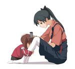  bad_id bad_pixiv_id black_hair blush brown_hair from_side hakama hand_on_another's_head houshou_(kantai_collection) japanese_clothes kantai_collection kisetsu kneeling leg_hug long_hair looking_down multiple_girls no_shoes ponytail ryuujou_(kantai_collection) short_hair sitting skirt smile tasuki thighhighs twintails visor_cap white_legwear younger 