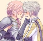  1boy 1girl final_fantasy final_fantasy_xiii gloves hope_estheim lightning_farron pink_hair suzumaru_(abyss_iris) white_hair 