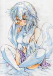  absurdres animal_ears bare_shoulders breasts colored_pencil_(medium) commentary_request detached_sleeves highres indian_style inubashiri_momiji kitazinger large_breasts long_sleeves navel rubbing_eyes shirt sideboob silver_hair sitting skirt solo tail thighhighs touhou traditional_media white_legwear wide_sleeves wolf_ears wolf_tail 