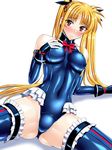  bare_shoulders blonde_hair blue_leotard blush breasts cosplay dead_or_alive dead_or_alive_5 elbow_gloves fate_testarossa gloves hair_ribbon hand_on_own_chest highres impossible_clothes leotard long_hair looking_at_viewer lyrical_nanoha mahou_shoujo_lyrical_nanoha marie_rose marie_rose_(cosplay) medium_breasts red_eyes ribbon sen_(sansui) sitting skin_tight solo spread_legs thighhighs twintails very_long_hair white_background 