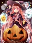  adapted_costume candy efe expressionless food ghost halloween hat hata_no_kokoro jack-o'-lantern lollipop long_hair long_sleeves mask navel pink_eyes pink_hair plaid plaid_shirt revision shirt solo touhou very_long_hair witch_hat 
