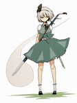  ascot bangs black_hairband blunt_bangs brown_eyes flat_chest full_body hairband hitodama konpaku_youmu konpaku_youmu_(ghost) morishige over_shoulder sheath sheathed short_hair silver_hair skirt skirt_set socks solo standing sword sword_over_shoulder touhou weapon weapon_over_shoulder 