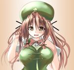  akure_ekuto alternate_eye_color alternate_hairstyle blouse braid breasts chinese_clothes green_hat hair_ribbon hair_tousle hand_on_own_chest hat highres hong_meiling large_breasts long_hair looking_at_viewer puffy_short_sleeves puffy_sleeves red_hair ribbon short_sleeves solo star tangzhuang touhou tress_ribbon twin_braids twintails white_blouse yellow_eyes 