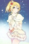  ayase_eli blonde_hair blue_eyes capelet cowboy_shot earrings fur_trim gloves jewelry looking_at_viewer love_live! love_live!_school_idol_project lpip short_hair skirt snow snow_halation snowing solo white_gloves 