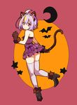  ahoge animal_ears azure_striker_gunvolt bare_shoulders cat_ears cat_tail crescent_moon gloves halloween haruyasai_(sanbunno) joule_(gunvolt) looking_back moon purple_hair purple_legwear short_hair skindentation skirt smile solo tail thighhighs 