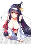  all_fours black_hair breasts breasts_outside detached_sleeves fusou_(kantai_collection) hanging_breasts henet_hene japanese_clothes kantai_collection large_breasts long_hair miko nipples open_mouth red_eyes skirt solo thighhighs 