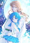  1girl back_bow bishoujo_senshi_sailor_moon blue_choker blue_eyes blue_hair blue_sailor_collar blue_skirt bow brown_hair choker couple earrings elbow_gloves gloves green_eyes height_difference hetero jewelry long_hair mizuno_ami pleated_skirt ponytail sailor_collar sailor_mercury sailor_senshi_uniform short_hair skirt smile tiara uniform white_gloves yukinami_(paru26i) zoisite_(sailor_moon) 