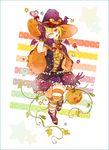  ;p bad_id bad_pixiv_id blonde_hair candy food gloves halloween hat highres jack-o'-lantern kagerou_project kisaragi_momo lollipop long_hair momose_ryou one_eye_closed orange_eyes pumpkin side_ponytail solo striped thighhighs tongue tongue_out witch_hat 
