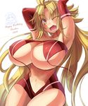  2014 absurdres ahoge arms_up blonde_hair breasts brown_eyes covered_nipples elbow_gloves gloves happy_birthday highres huge_breasts long_hair looking_at_viewer one_eye_closed original red_gloves solo wide_hips zerion 