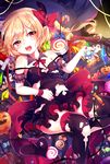  :d alternate_costume black_legwear blonde_hair bow candy fang flandre_scarlet food hair_bow hair_ribbon highres jack-o'-lantern laevatein lollipop looking_at_viewer lying navel open_mouth paragasu_(parags112) red_eyes ribbon side_ponytail smile solo thighhighs torn_clothes touhou wings zettai_ryouiki 