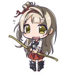  archery bow_(weapon) carillus chibi cosplay flying_sweatdrops full_body gloves grey_hair hairband kantai_collection kyuudou long_hair love_live! love_live!_school_idol_project minami_kotori muneate one_side_up partly_fingerless_gloves pleated_skirt shoukaku_(kantai_collection) shoukaku_(kantai_collection)_(cosplay) simple_background skirt solo sweat weapon white_background yellow_eyes yugake 