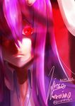  2014 animal_ears artist_name bad_id bad_pixiv_id bunny_ears close-up collared_shirt dated face glaring glowing glowing_eyes hair_over_one_eye highres hirose_geronimo long_hair portrait purple_hair red_background red_eyes reisen_udongein_inaba shirt signature solo touhou twitter_username unbuttoned 