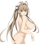  1girl amagi_brilliant_park areolae ass blush breasts brown_eyes brown_hair female hair_ornament hair_ribbon hashimoto! highres huge_breasts long_hair long_ponytail looking_at_viewer nipples nude ponytail profile ribbon sento_isuzu sideboob simple_background solo standing very_long_hair white_background 