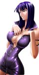  1girl armlet bangs black_hair breasts center_opening collarbone cowboy_shot dress hand_on_own_chest kagami_hirotaka large_breasts looking_to_the_side nico_robin one_piece open_clothes open_dress purple_dress purple_hair shiny shiny_hair short_dress short_hair simple_background sleeveless sleeveless_dress smile solo unzipped white_background wide_hips zipper 