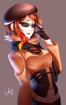  beret blonde_hair brown_eyes brown_hair coco_adel corset fingerless_gloves gloves hat midriff multicolored_hair navel open_mouth orange_shirt red_hair rwby shirt short_hair simple_background sm318 solo sunglasses 