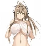  1girl ahoge amagi_brilliant_park bare_shoulders breasts brown_eyes brown_hair female hair_ornament hair_ribbon hashimoto! highres large_breasts long_hair long_ponytail navel nipples ponytail ribbon see-through sento_isuzu simple_background solo standing upper_body white_background 