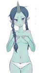  bangs blue_eyes blue_hair blue_oni blue_skin blush bow bow_panties braid breasts covering covering_breasts demon_girl embarrassed hair_over_shoulder horn morishige navel oni original panties parted_bangs pointy_ears small_breasts solo standing thigh_gap topless translation_request twin_braids underwear white_panties 