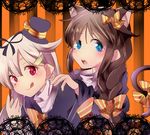  :q ahoge alternate_costume animal_ears bad_id bad_pixiv_id blonde_hair blush bow braid brown_hair cat_ears hair_flaps hair_over_shoulder hair_ribbon halloween hand_on_another's_shoulder hat kantai_collection long_hair looking_at_viewer mini_hat mini_top_hat multiple_girls porokkon remodel_(kantai_collection) ribbon shigure_(kantai_collection) single_braid smile striped striped_background tail tail_bow tareme tongue tongue_out top_hat vertical-striped_background vertical_stripes yuudachi_(kantai_collection) 