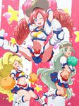  blonde_hair blonde_haired_cure_(bomber_girls_precure)_(happinesscharge_precure!) blue_eyes blue_skirt blush boots cheerleader cosplay cowboy_hat crop_top cure_honey cure_honey_(cosplay) freckles full_body green_eyes grey_hair grey_haired_cure_(bomber_girls_precure)_(happinesscharge_precure!) happinesscharge_precure! hat headband jumping knee_boots long_hair magical_girl midriff mini_hat miniskirt multicolored multicolored_clothes multicolored_skirt multiple_girls navel pom_poms popcorn_cheer precure red_hair red_haired_cure_(bomber_girls_precure)_(happinesscharge_precure!) skirt smile spread_legs star striped striped_background tj-type1 twintails vertical-striped_background vertical_stripes wrist_cuffs yellow_eyes 