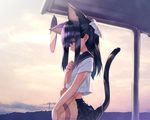  animal_ears black_eyes black_hair cat_ears cat_tail hat hirano_katsuyuki long_hair midriff original profile school_uniform serafuku skirt sky solo straw_hat tail 