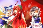  3girls alternate_eye_color blue_eyes blue_hair bow braid broken_glass chinese_clothes cirno crying dress glass hair_bow hong_meiling ice ice_wings izayoi_sakuya kutsuki_kai long_hair maid maid_headdress multiple_girls open_mouth pocket_watch red_eyes red_hair ribbon short_hair silver_hair sketch tears touhou twin_braids watch wings 
