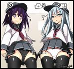  2girls :o ? akatsuki_(kantai_collection) black_legwear black_panties blue_eyes blush hat hibiki_(kantai_collection) ippongui kantai_collection long_hair long_sleeves looking_at_viewer multiple_girls open_mouth panties pantyshot purple_eyes purple_hair school_uniform serafuku silver_hair skirt thighhighs underwear viewfinder white_panties 