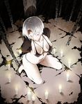  arizuka_(catacombe) arms_behind_back bikini breasts candle chain cleavage cross from_above grin high_heels highres jewelry kneeling large_breasts necklace original red_eyes smile solo swimsuit white_hair 